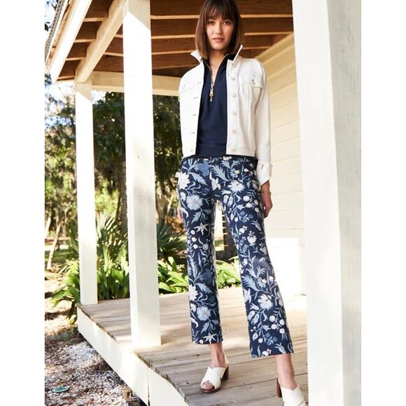 Spartina 449 Maren Pants Size S Navy Blue Floral Stretch Kick Flare Crop Classic - Picture 6 of 14